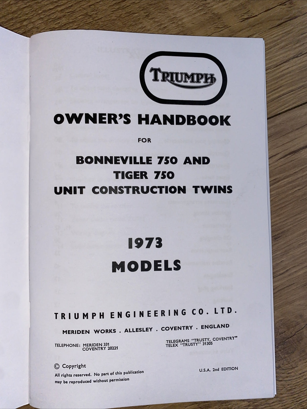 Triumph Bonneville 750 Tiger Owners Handbook