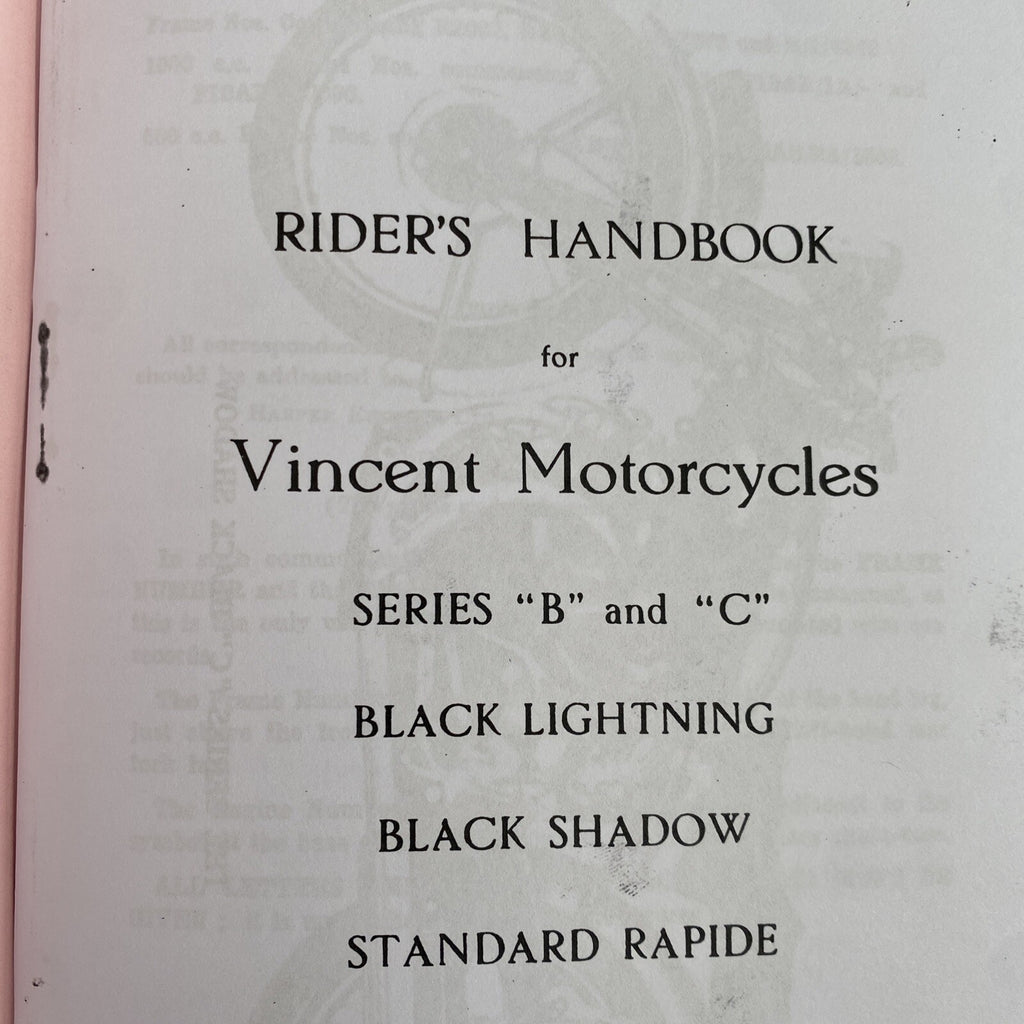 Motorcycle Vincent Rider’s Handbook Black Lightning Black Shadow rapide