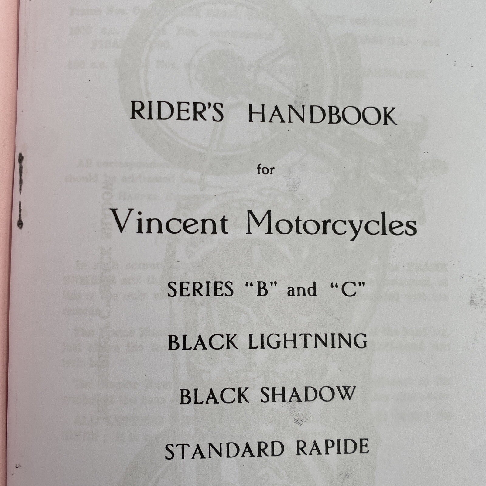 Motorcycle Vincent Rider’s Handbook Black Lightning Black Shadow rapide