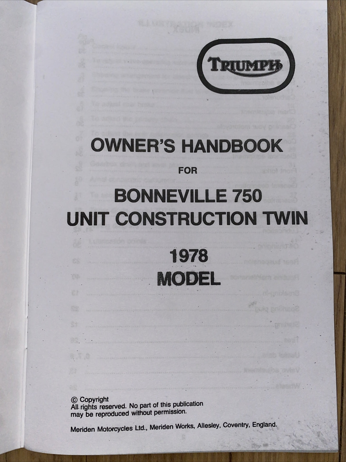 Triumph Bonneville 750 T140E Owners Manual
