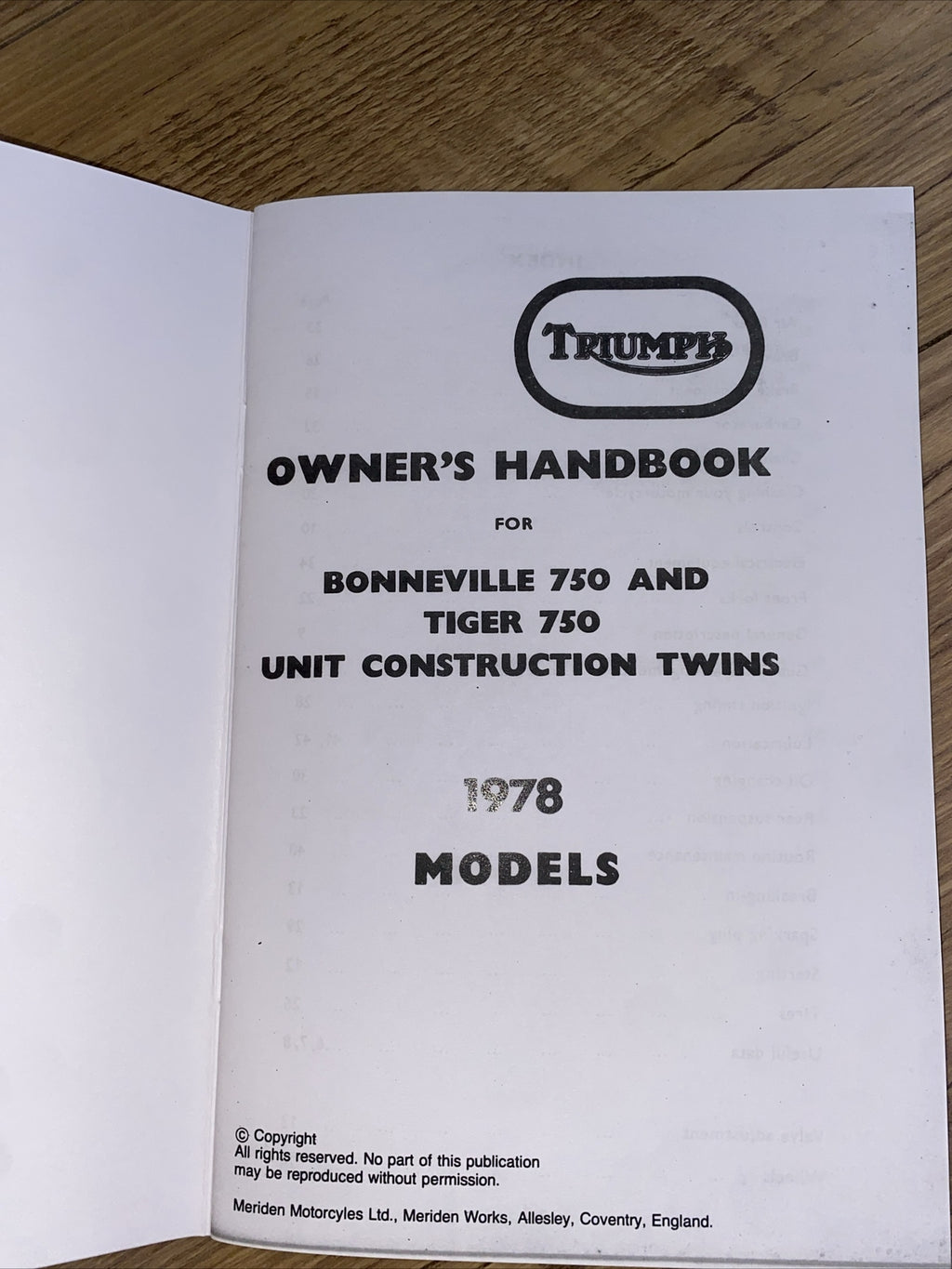 Triumph Bonneville 750 Tiger 750 Owners Handbook