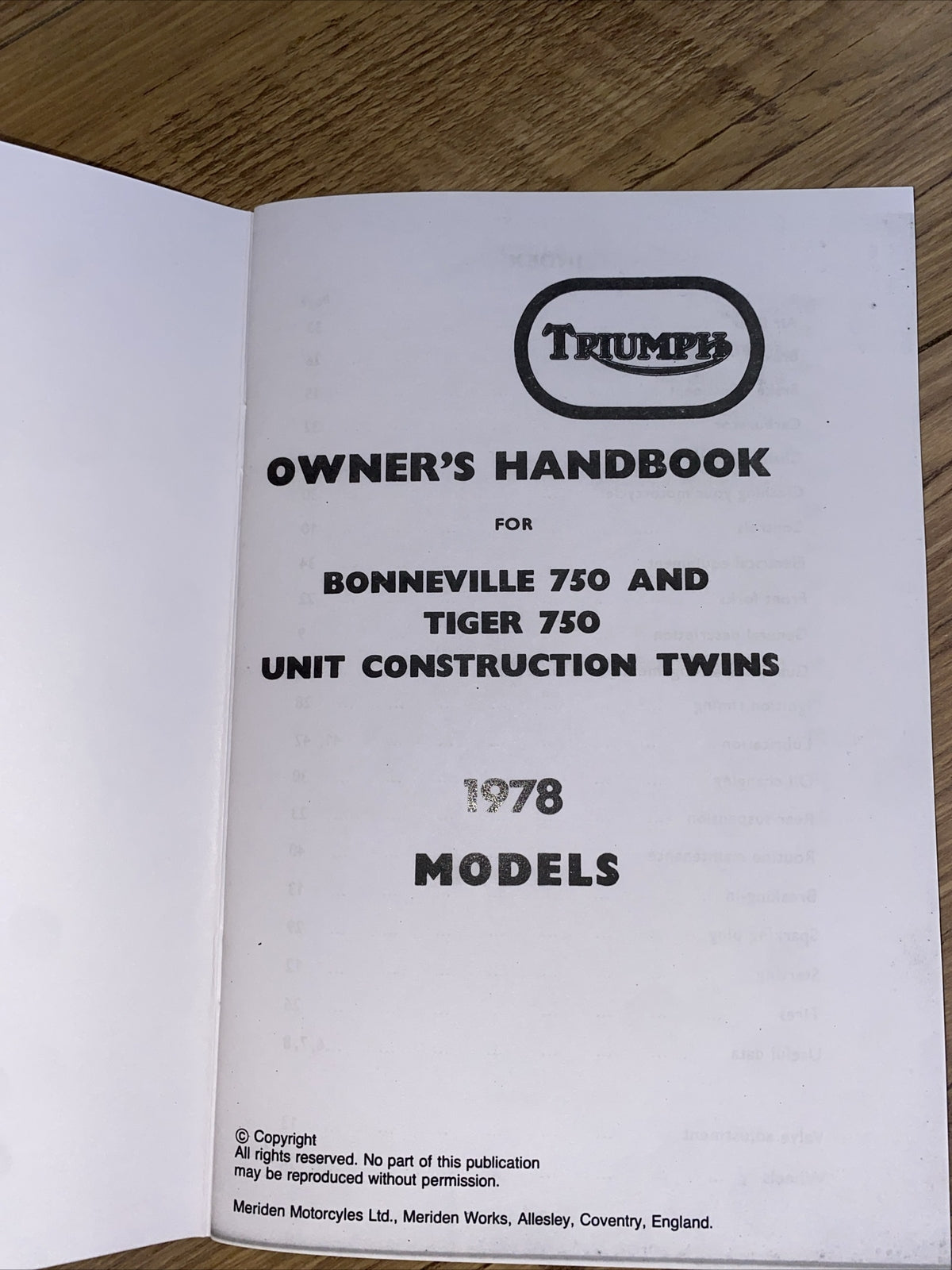Triumph Bonneville 750 Tiger 750 Owners Handbook